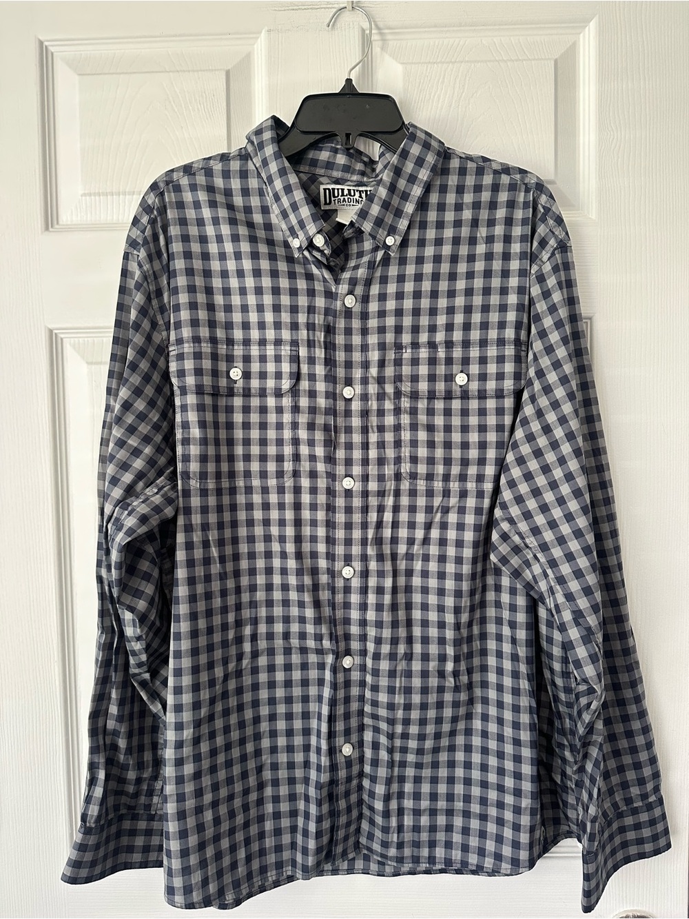 Duluth Trading Co. plaid flannel shirt in a blue and grey check pattern XL